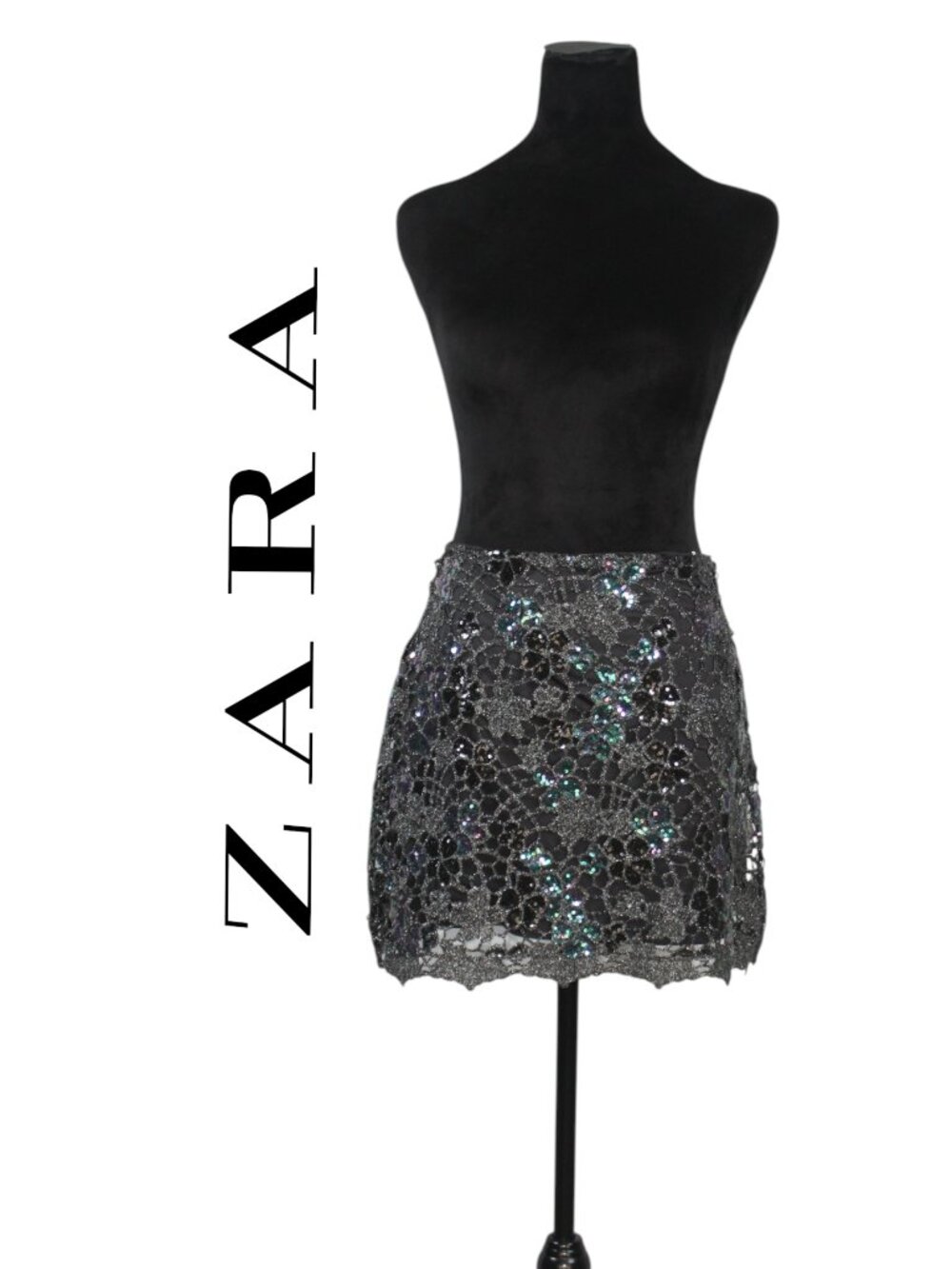 Zara Black & Iridescent Sequin Lace Mini Skirt Size Small